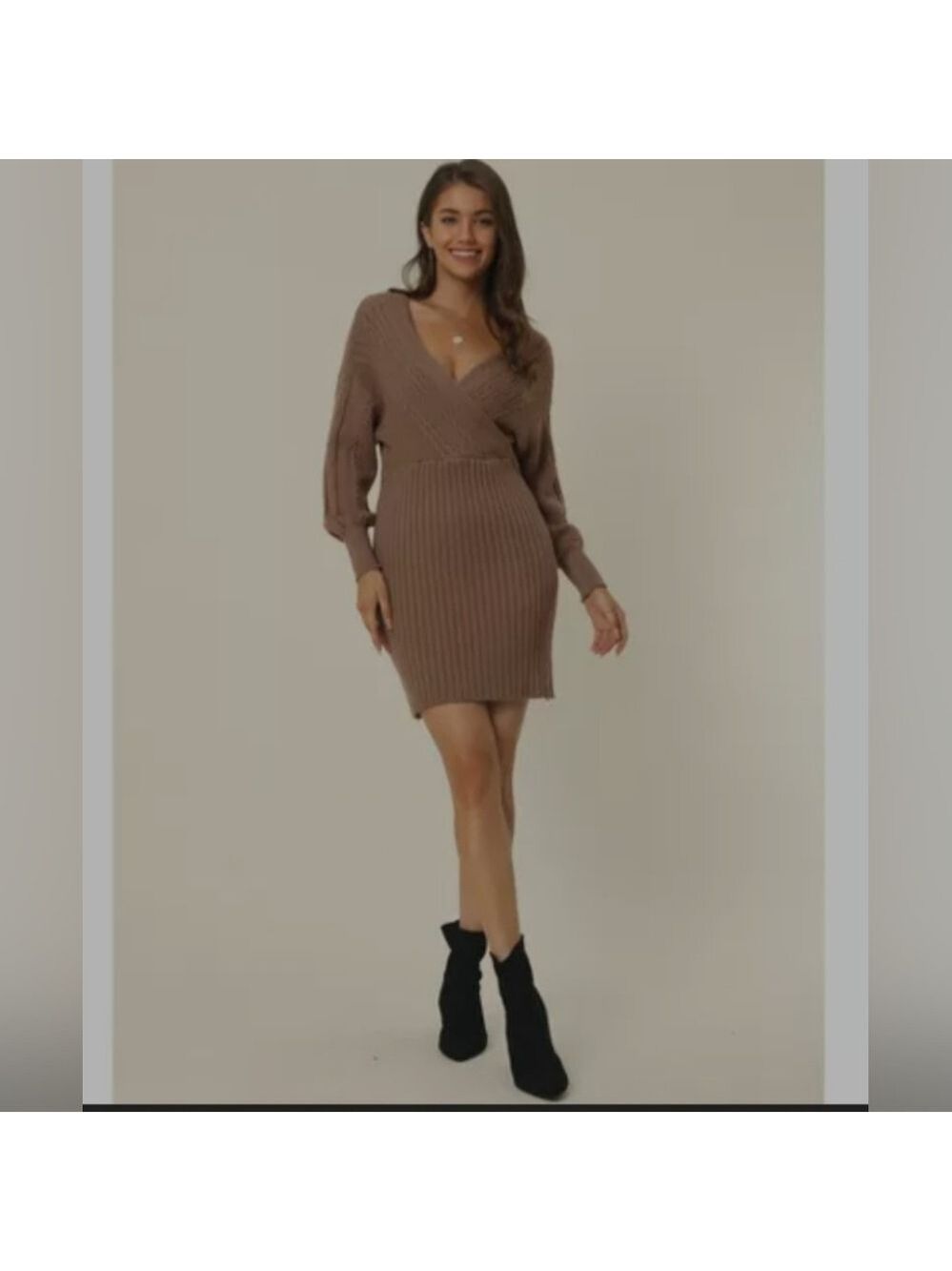 Seta T | Women’s Wrap Deep V-Neck Lantern Sleeve Mini Sweater Dress